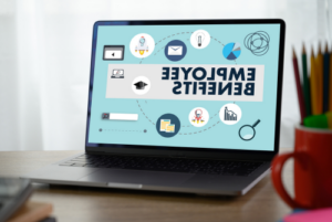 Laptop that says employee benefits with icons